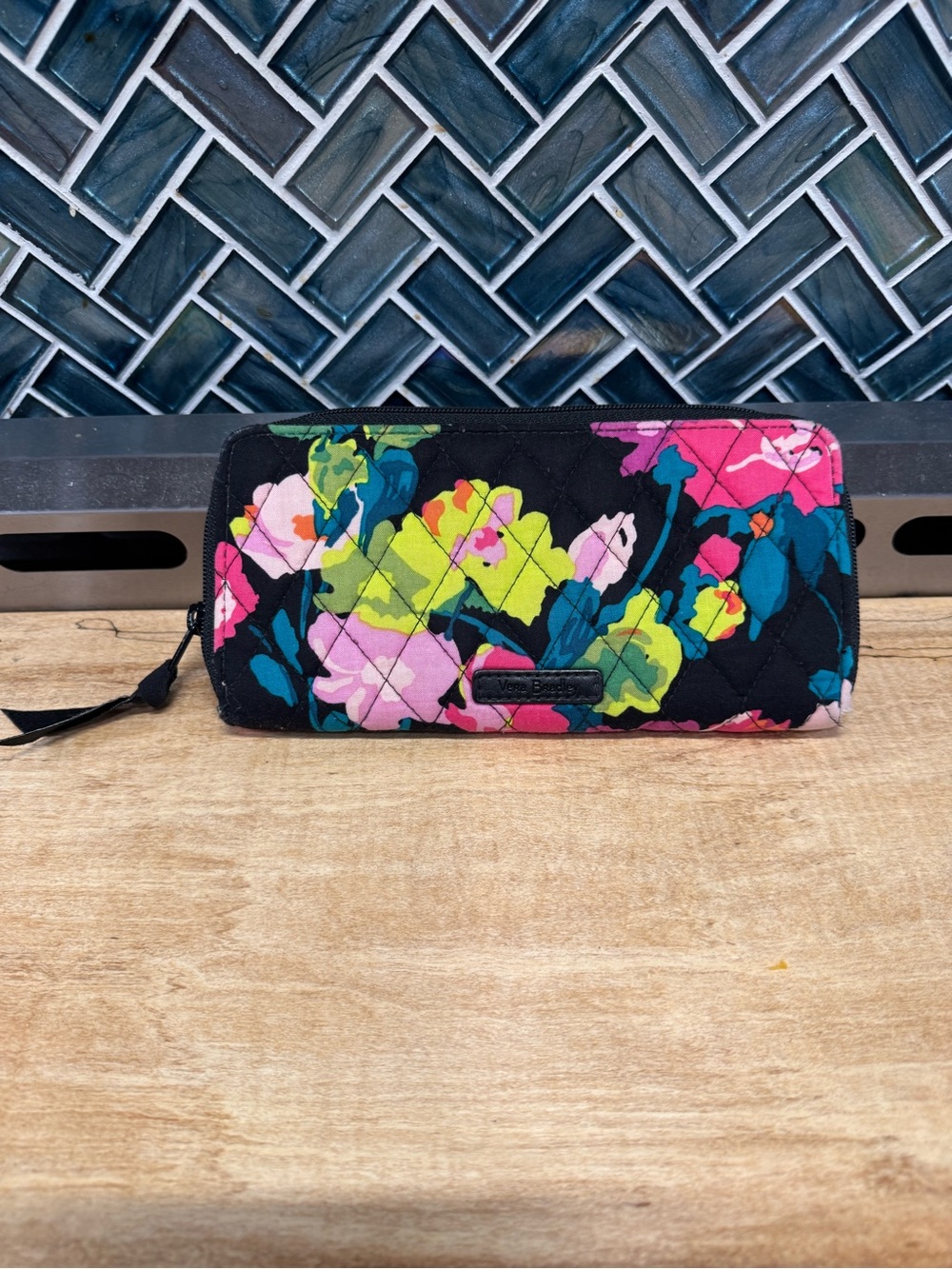 Vera Bradley Black Quilted Zip Wallet with Neon Floral Print